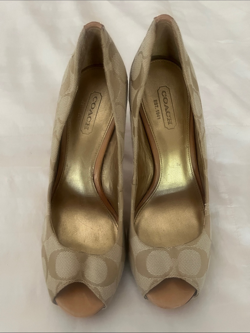 COACH Beige Logo Peep-Toe Heels